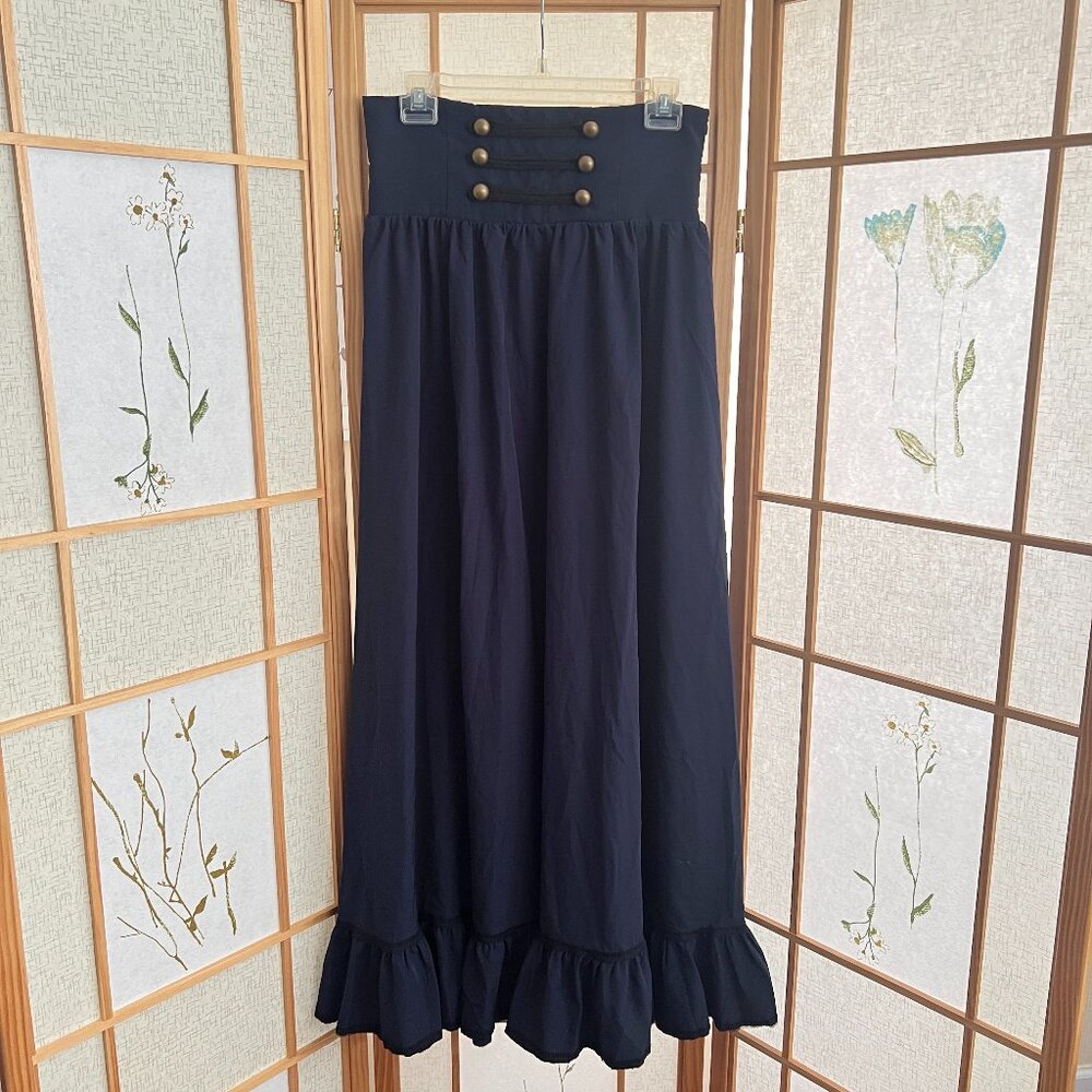 Navy High-Waist Maxi Skirt with Button Detail